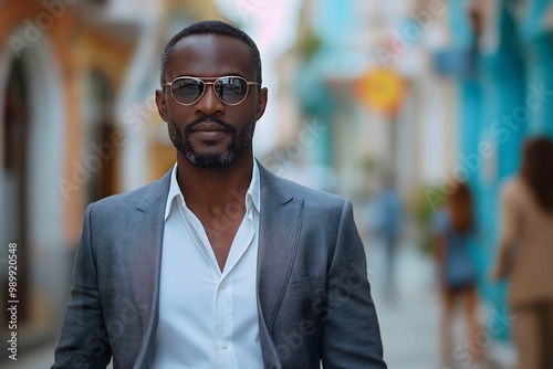 Well Dressed Young African Businessman walking on the city Sidewalk. Handsome and Fit Businessman