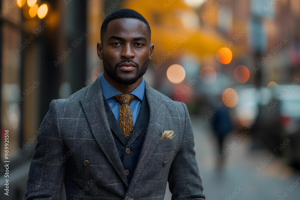 Well Dressed Young African Businessman walking on the city Sidewalk. Handsome and Fit Businessman Well Dressed Young African Businessman walking on the city Sidewalk. Handsome and Fit Businessman