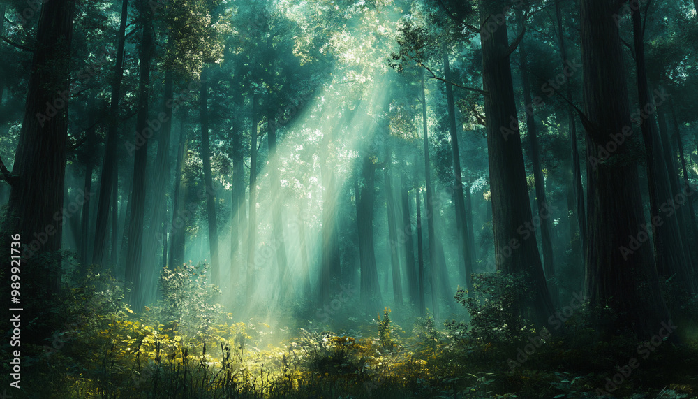 Tall, misty trees with sunlight streaming through the branches, creating a magical and mysterious forest atmosphere Tall, misty trees with sunlight streaming through the branches, creating a magical and mysterious forest atmosphere