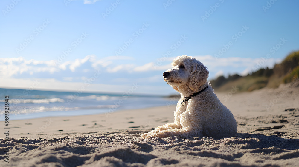 A dog rests on the beach, gazing at the ocean under a clear blue sky. A dog rests on the beach, gazing at the ocean under a clear blue sky.