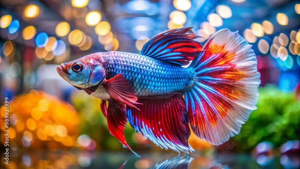 Half Moon Fighter Fish Displayed in Aquatic Setting with Price Tag for Sale in Pet Store Environment Half Moon Fighter Fish Displayed in Aquatic Setting with Price Tag for Sale in Pet Store Environment