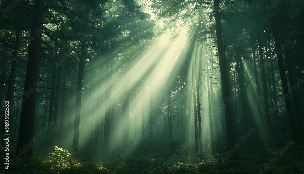 Fototapeta premium Tall, misty trees with sunlight streaming through the branches, creating a magical and mysterious forest atmosphere