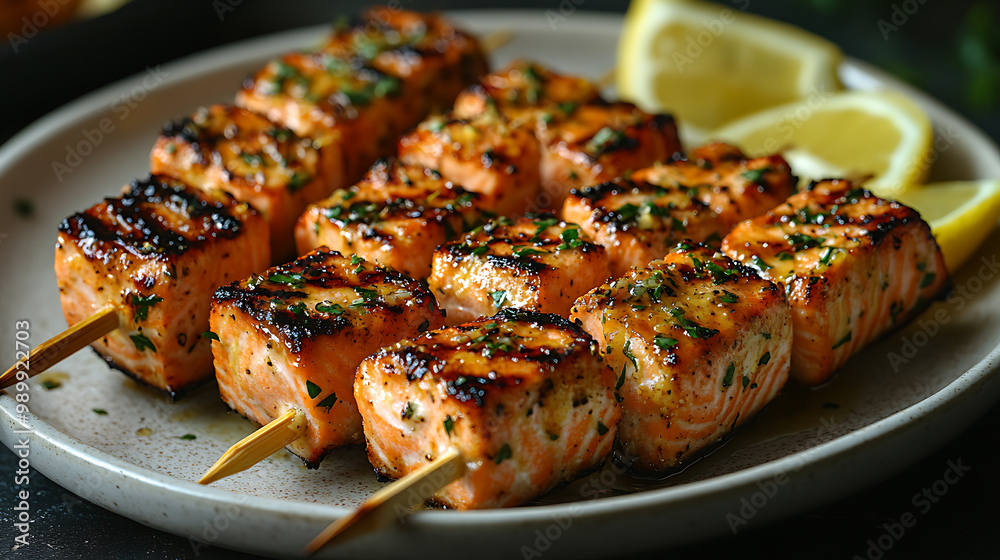 A plate of grilled salmon skewers with a citrus glaze, served with lemon wedges