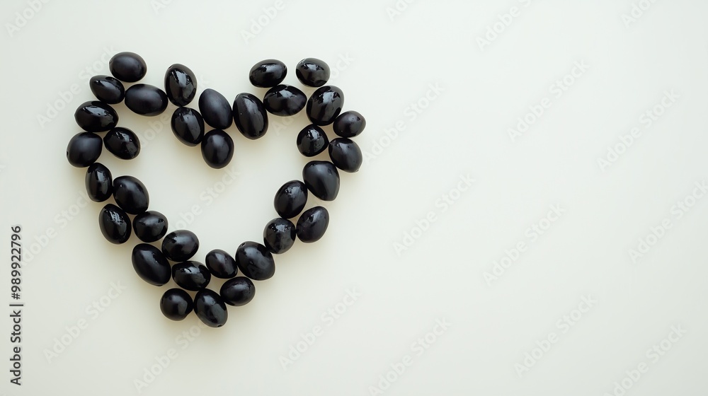 Dark olive fruit are arranged in a heart-shaped arrangement copy space Dark olive fruit are arranged in a heart-shaped arrangement copy space