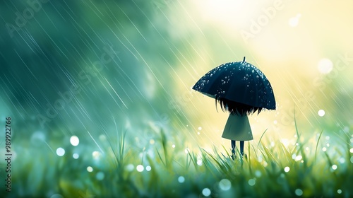 girl standing rain umbrella nature gloom totally sad cries kind daytime sitting green grass sun lights falling cute drawing lack sunlight illustration