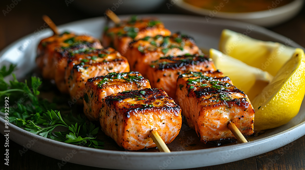 A plate of grilled salmon skewers with a citrus glaze, served with lemon wedges
