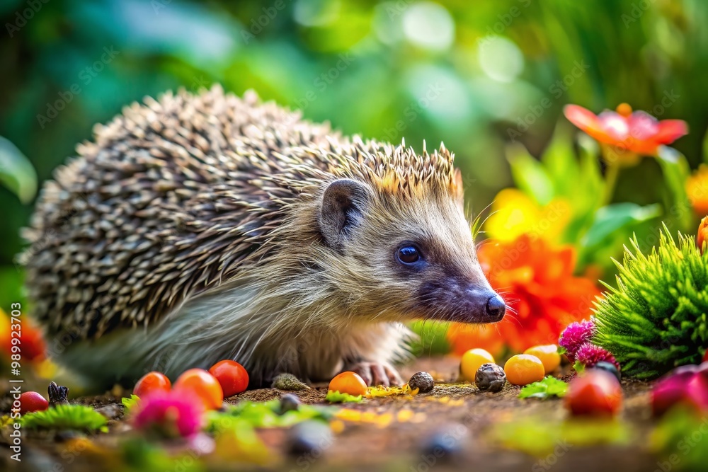 Fototapeta premium Hedgehog Engaging in Self-Anointing Behavior with Unique Natural Substance in a Garden Setting