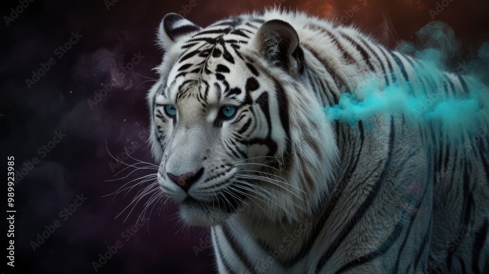 Fototapeta premium Majestic White Tiger with Blue Smoke