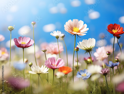 Colorful flower meadow with sunbeams and blue sky and bokeh lights in summer, nature background