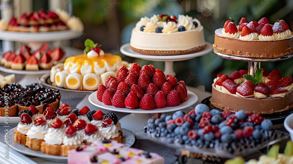A beautifully arranged display of various desserts and cakes, showcasing vibrant colors and textures. A beautifully arranged display of various desserts and cakes, showcasing vibrant colors and textures.