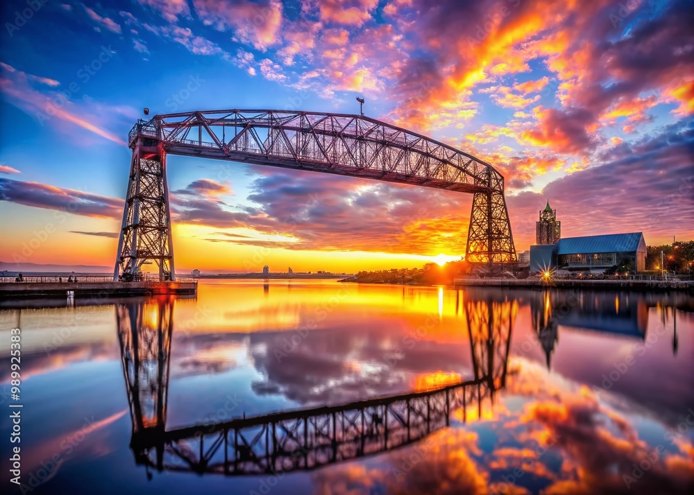 Naklejka premium Iconic Duluth Lift Bridge at Sunset with Reflections on Water and Scenic Cityscape Background