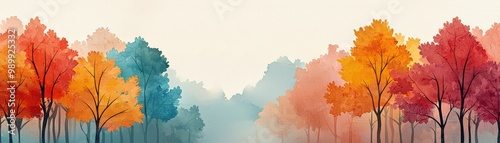 A serene autumn landscape featuring colorful trees and soft mist, perfect for evoking tranquility and natural beauty.