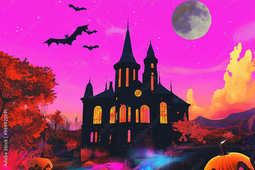 dark halloween castle in pixel art style with bats, glowing windows, and unique pink sky background dark halloween castle in pixel art style with bats, glowing windows, and unique pink sky background