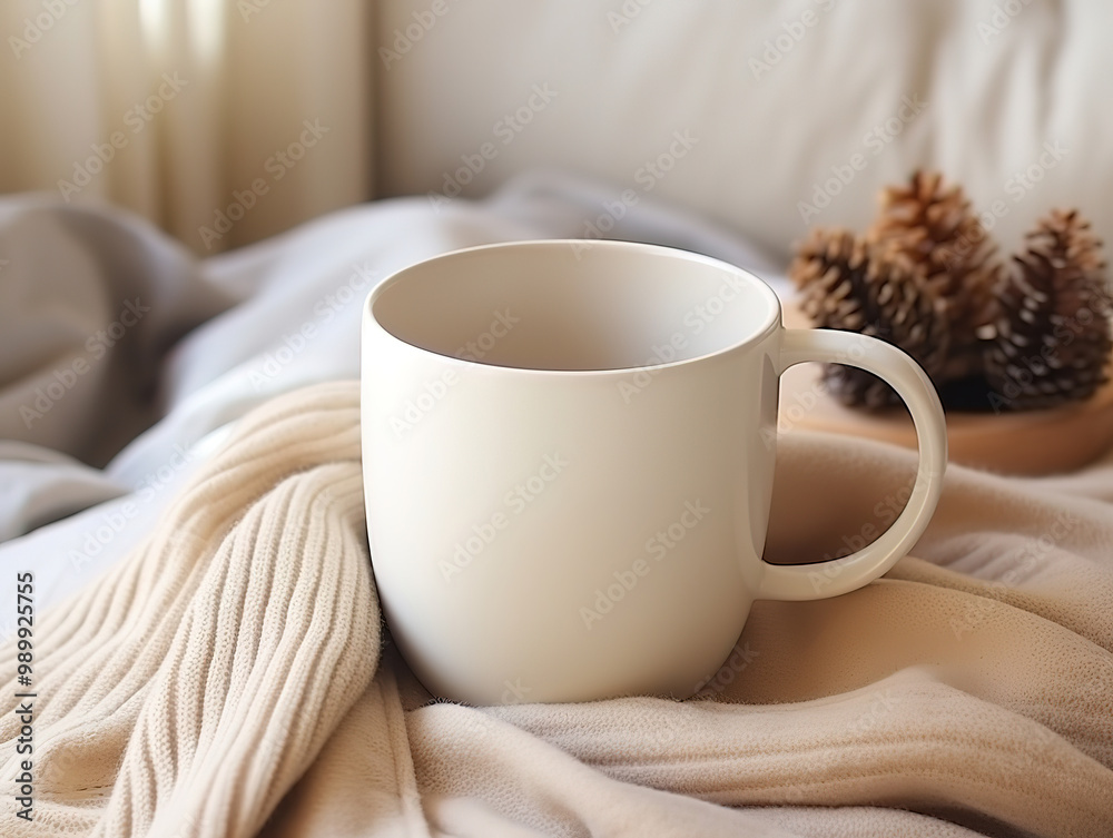 White coffee mug mockup, ceramic cup mockup, cozy winter composition on warm knitted scarf White coffee mug mockup, ceramic cup mockup, cozy winter composition on warm knitted scarf