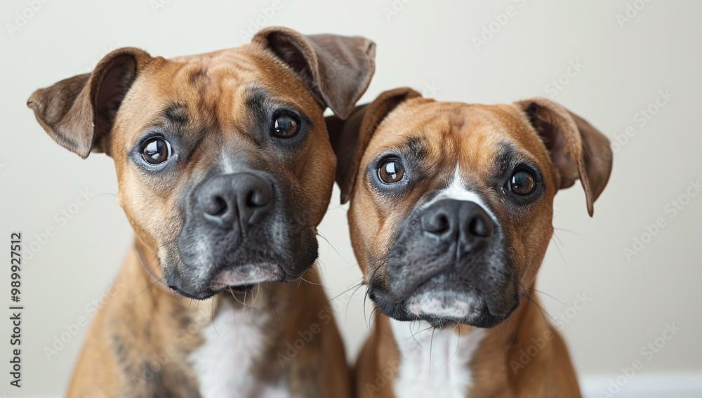 Portrait of two boxer dogs with expressive eyes and soft brown fur facing the camera side by side Portrait of two boxer dogs with expressive eyes and soft brown fur facing the camera side by side