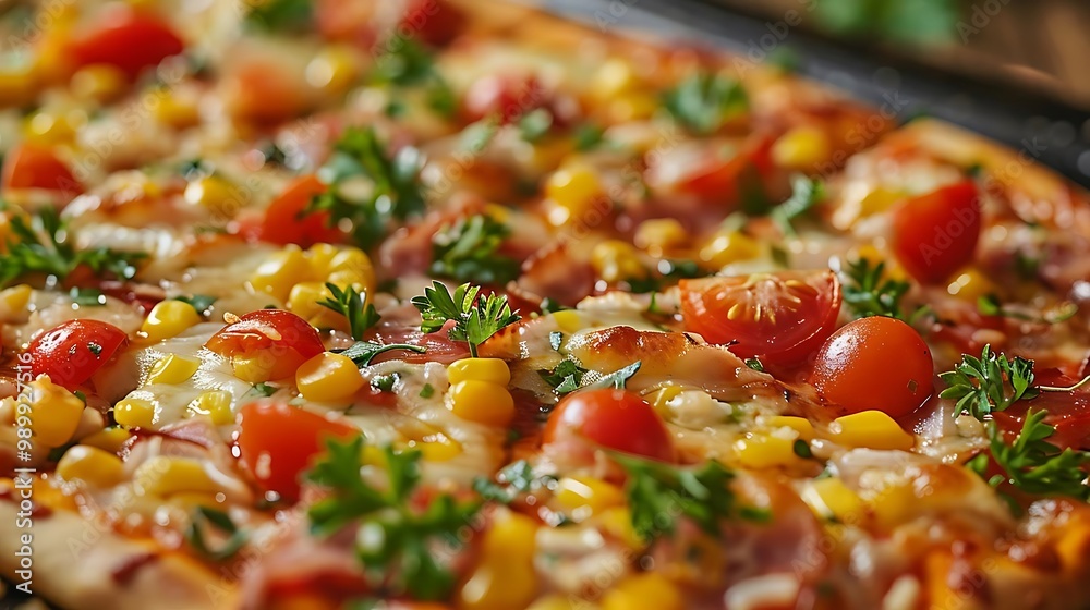 A delicious pizza topped with tomatoes, corn, and herbs, ready to be enjoyed. A delicious pizza topped with tomatoes, corn, and herbs, ready to be enjoyed.