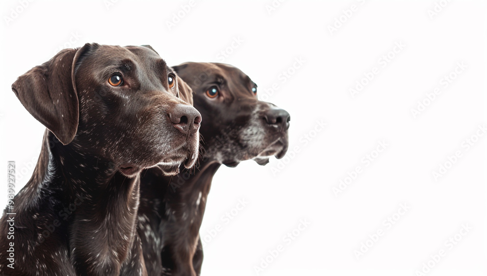 Focused side profile of two alert black and brown spotted dogs on white background Focused side profile of two alert black and brown spotted dogs on white background