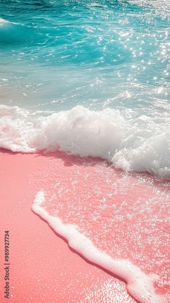 Fototapeta premium relaxing tropical beach scene featuring gentle waves lapping against soft pink sandy shore. sparkling water creates serene atmosphere, perfect for unwinding