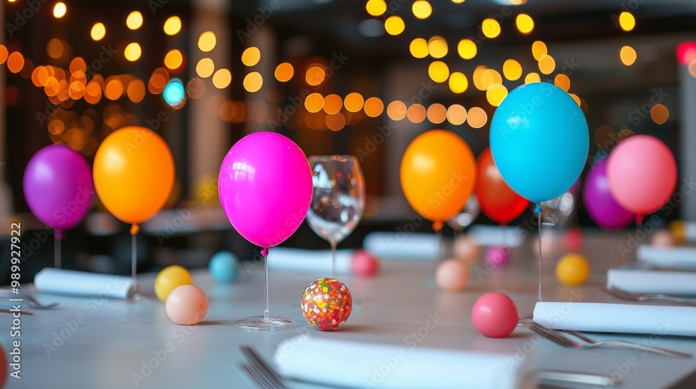 A festive table setting with colorful balloons, glasses, and decorative elements, perfect for celebrations and special events. A festive table setting with colorful balloons, glasses, and decorative elements, perfect for celebrations and special events.