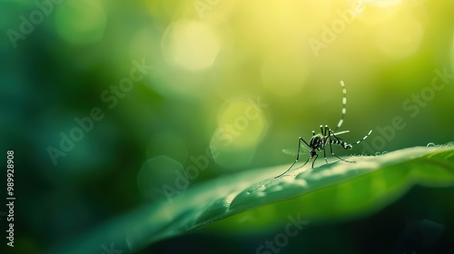 Close-up of mosquito resting on leaf in tropical forest, emphasizing its role in transmitting viruses, shallow depth of field. photo