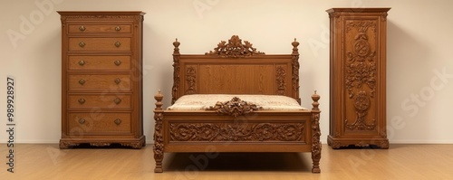 Render a rear view of an elegant oak bed frame with intricate carvings and a matching tall dresser in a traditional oil painting style photo