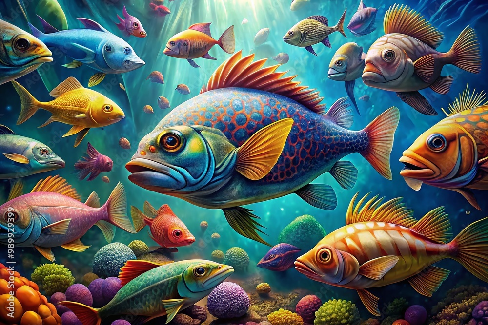 Fototapeta premium Intricate Drawings of Colorful Ocean Fish Showcasing Marine Life Diversity and Underwater Beauty