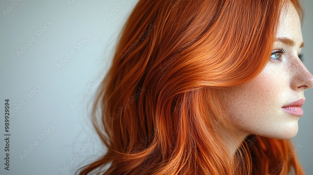 Obraz premium portrait of a beautiful woman with glowing copper hair and a radiant shine highlighting her unique style and captivating presence in an isolated setting