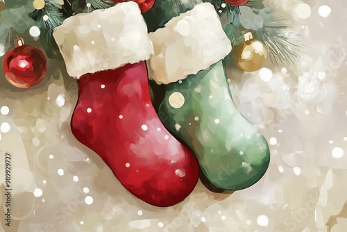 two stockings hanging tree ornaments color illustration cold tone gradient background aliased wearing stocking avatar left listing big feet smiles slightly banner photo