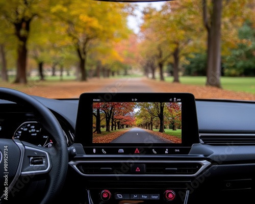 Car interior with autumn scenery view