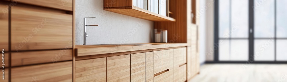 Create a dynamic, tilted angle view of bamboo cabinets with glass doors, emphasizing sleek, modern design Create a dynamic, tilted angle view of bamboo cabinets with glass doors, emphasizing sleek, modern design
