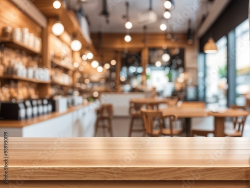 Wallpaper Mural Wood table background, Shelf at cafe shop, Perspective wood over blur cafe with bokeh light background, Table for product display, Empty wooden counter in blur white room for mockup, banner, template Torontodigital.ca