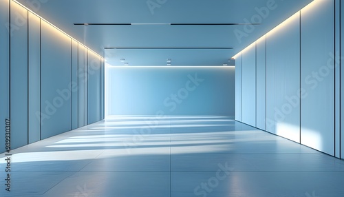 Minimalistic blue interior design with elegant lighting and smooth floor for presentations