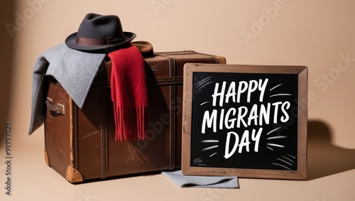 Suitcase with overcoat, scarf, hat, and chalkboard displaying migrants day message photo