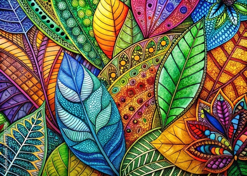 Intricate Leaf Zentangles with Detailed Patterns and Textures for Artistic and Creative Projects photo