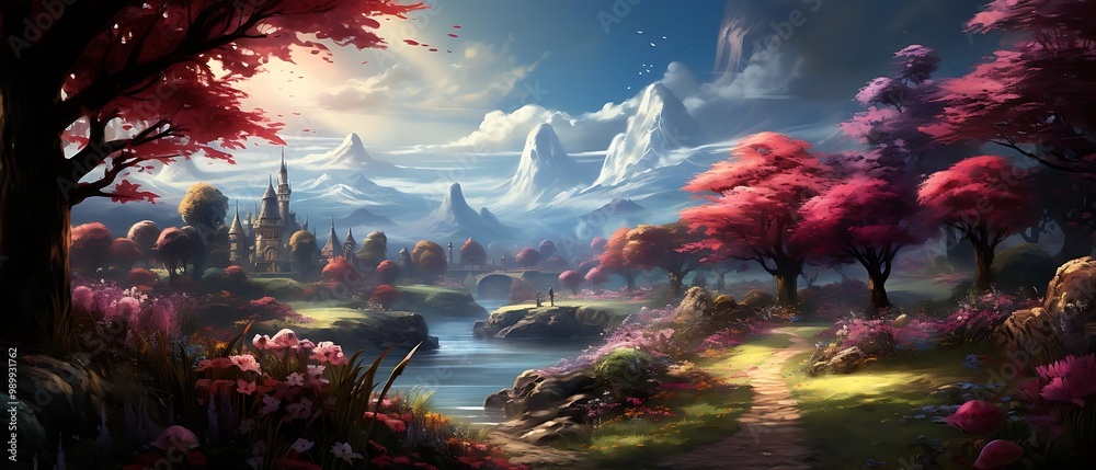 A serene landscape featuring mountains, a river, and vibrant pink trees under a bright sky. A serene landscape featuring mountains, a river, and vibrant pink trees under a bright sky.