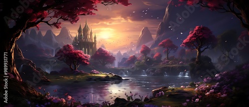 A serene fantasy landscape with a castle, vibrant trees, and a tranquil river at sunset.