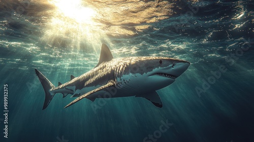 Great White Shark Underwater with Sun Rays