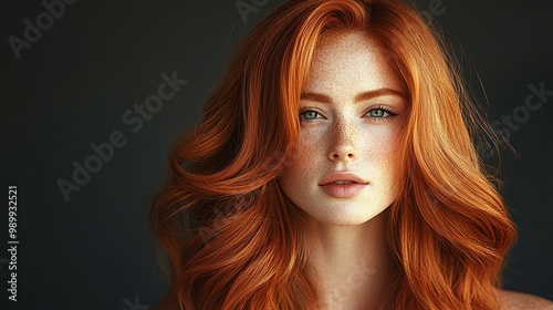 beautiful isolated woman with vibrant copper hair and a soft coppery glow highlighting the glossy texture of her hairstyle and adding a touch of radiant beauty