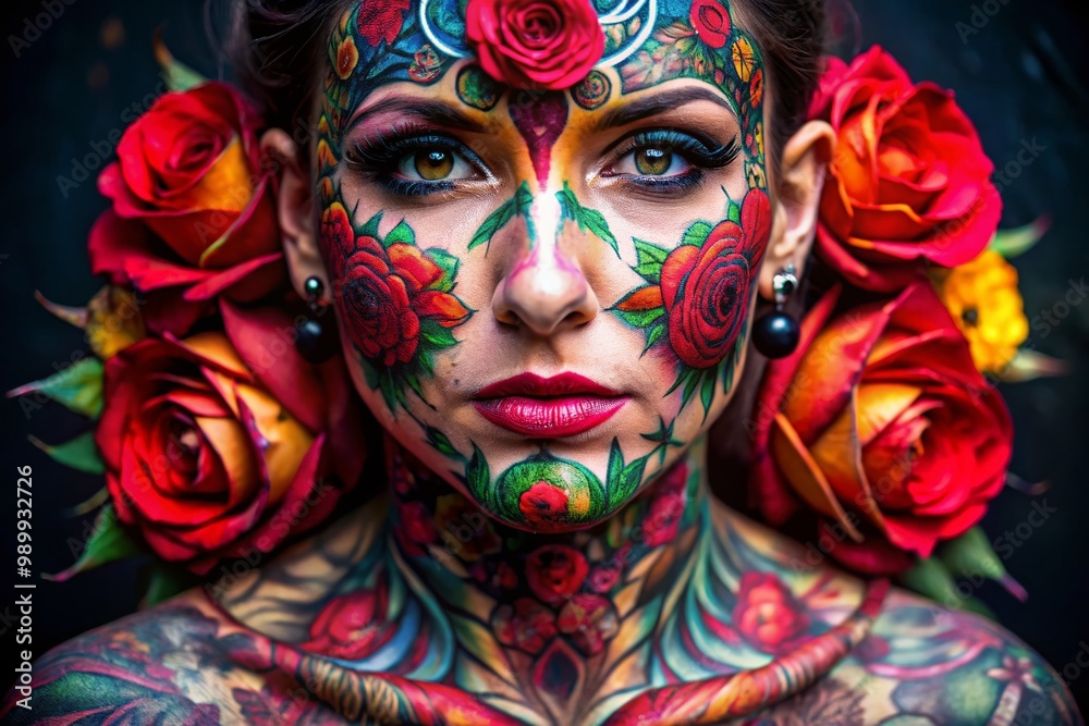 Naklejka premium Intricate Rose Face Tattoo Design Showcasing Floral Artistry and Unique Body Modification Style