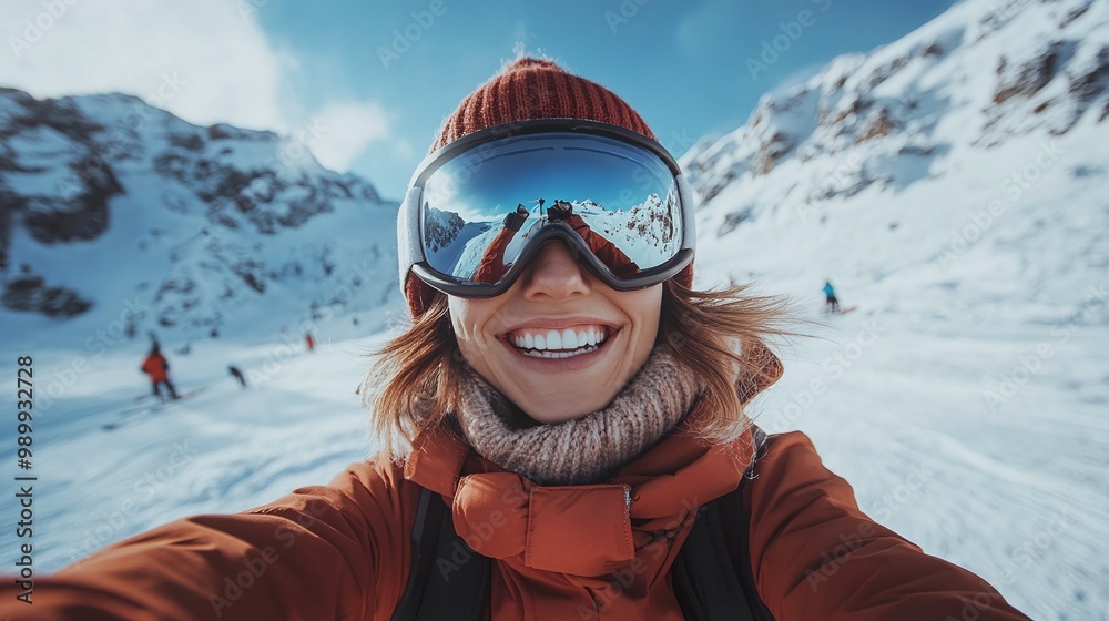 selfie of a young man skiing at a winter resort having fun on vacation and enjoying an exciting outdoor activity during the weekend in the snowy mountains selfie of a young man skiing at a winter resort having fun on vacation and enjoying an exciting outdoor activity during the weekend in the snowy mountains