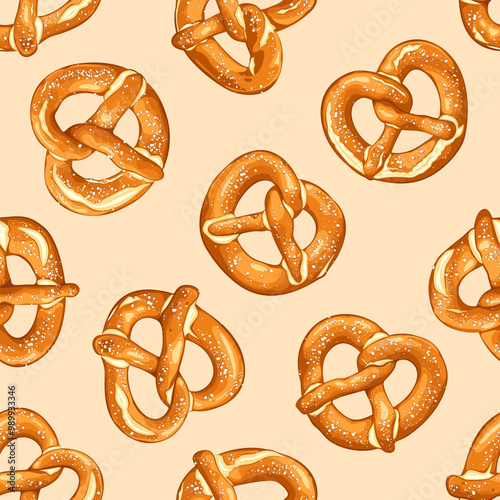 Seamless Pattern of Classic Salted Pretzels on Light beige Background. Hand drawn Vector illustration.