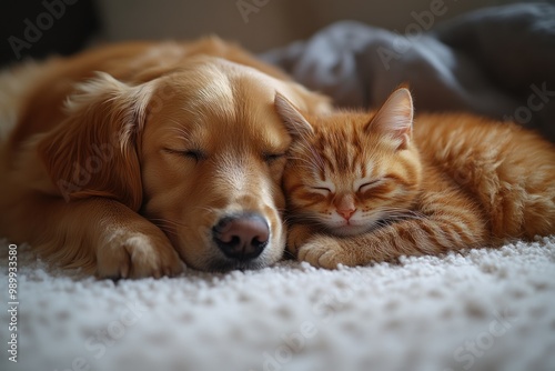 Golden Retriever and Kitten Sleeping Together