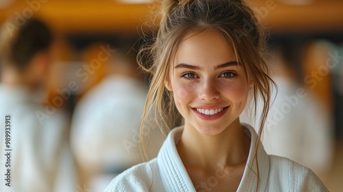 Free Download confident european girl at a judo or karate training lesson smiling at the camera while practicing martial arts techniques in a focused and disciplined environment - GFXLoad