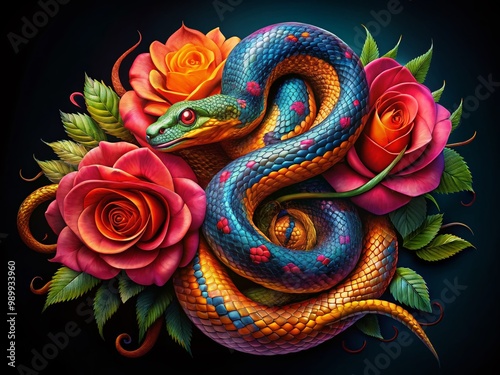 Intricate Snake Rose Design with Vivid Colors and Unique Patterns for Artistic and Nature Lovers