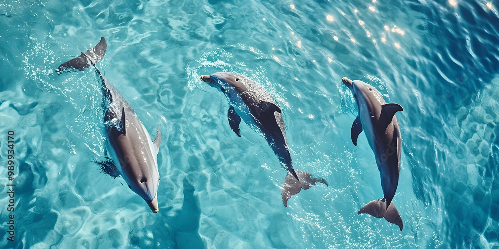 Obraz premium Three Dolphins Swimming in Clear Blue Water