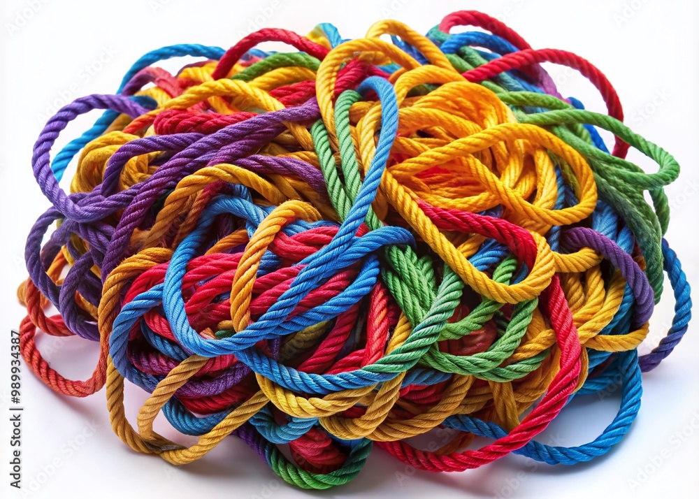 Intricate Tangles and Knots of Colorful Ropes and Strings on a White Background for Creative Design Intricate Tangles and Knots of Colorful Ropes and Strings on a White Background for Creative Design