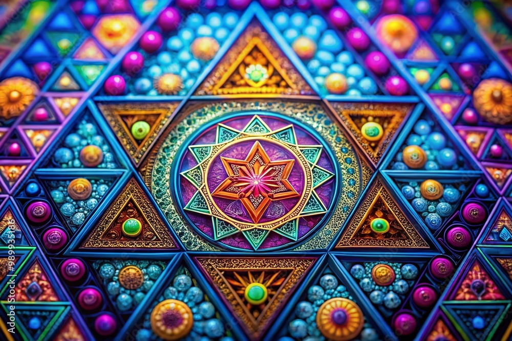 Intricate Triangle Sacred Geometry Pattern with Vibrant Colors and Spiritual Symbolism for Design Intricate Triangle Sacred Geometry Pattern with Vibrant Colors and Spiritual Symbolism for Design