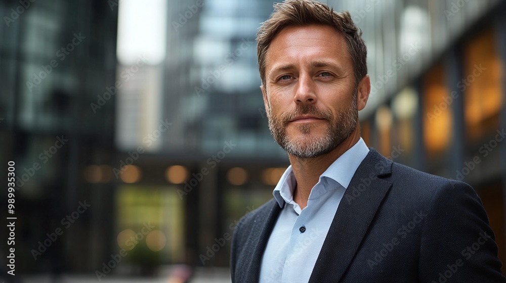 modern portrait of a 40 years old man wearing a casual business suit shirt without a tie with light unshaven look standing confidently in front of a contemporary city background modern portrait of a 40 years old man wearing a casual business suit shirt without a tie with light unshaven look standing confidently in front of a contemporary city background