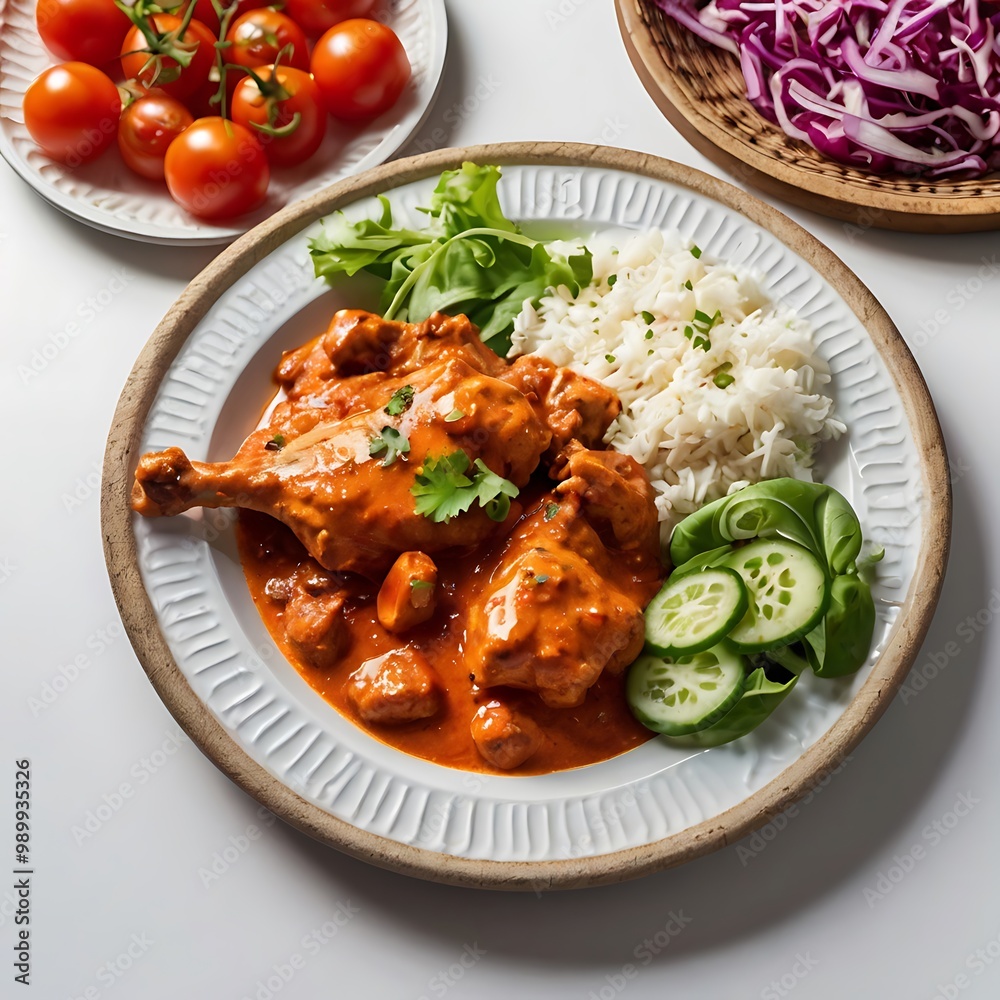 Delicious juicy tasty butter chicken dish well cooked with Tomato sauce with some vegetable served, traditional butter chicken, tasty butter chicken curry dish Delicious juicy tasty butter chicken dish well cooked with Tomato sauce with some vegetable served, traditional butter chicken, tasty butter chicken curry dish