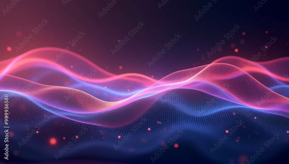 Fototapeta premium Particle wave of abstract gradient hologram in motion. Background technology of digital wallpaper 